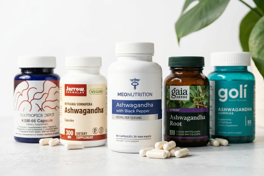 Five ashwagandha supplement bottles compared side by side, Meo Nutrition Ashwagandha front and center