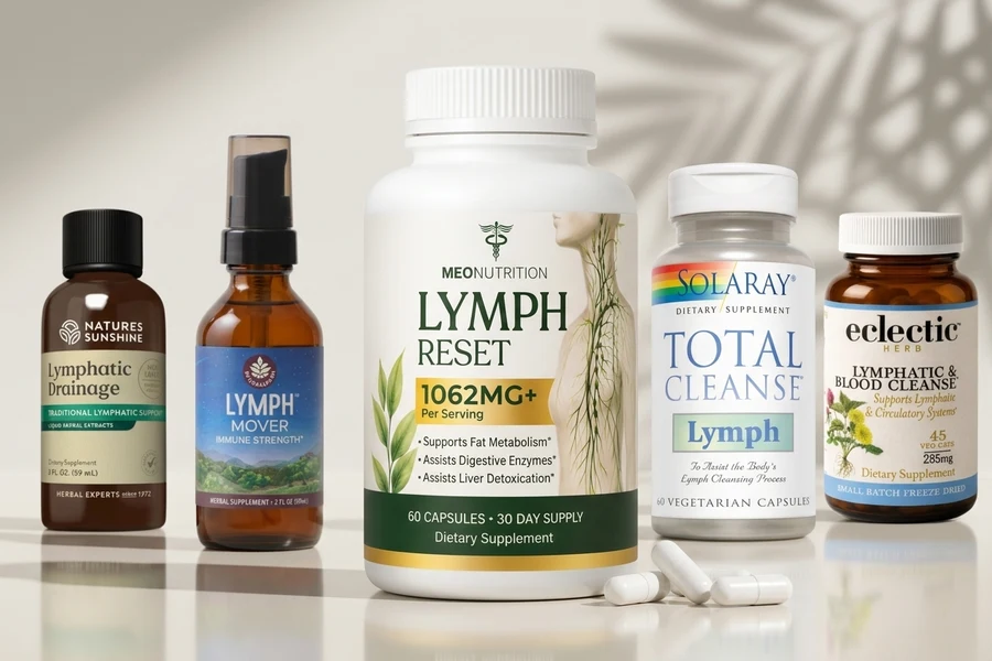 The 5 best lymphatic drainage supplements of 2026 tested — Meo Nutrition, Nature's Sunshine, WishGarden Herbs, Eclectic Herb and Solaray bottles