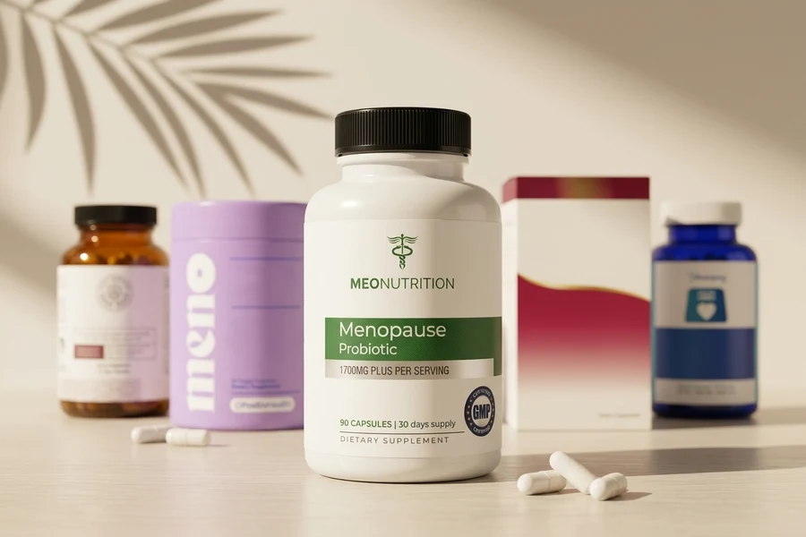 Top 5 menopause supplements lineup, Meo Nutrition Menopause Probiotic front and center