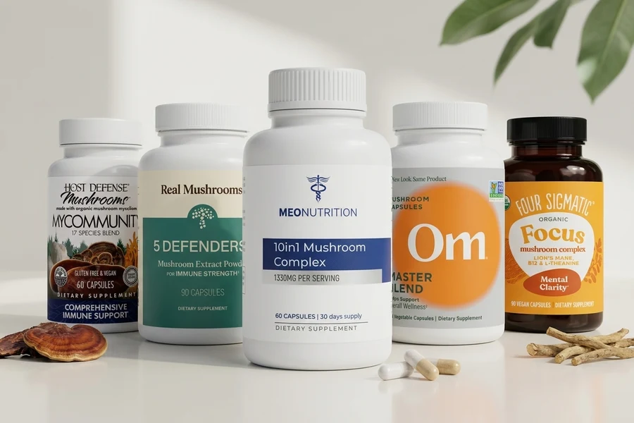 Five leading functional mushroom supplements side by side, Meo Nutrition 10in1 Mushroom Complex front and center