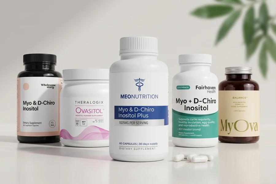 The 5 best myo-inositol supplements for PCOS of 2026 tested — Meo Nutrition, Theralogix, Wholesome Story, Fairhaven Health and MyOva bottles